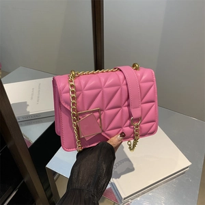 Pink quilted crossbody bag with gold chain strap and square metal clasp in a stylish setting