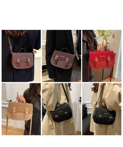 Collage of model wearing vintage satchel bags in various colors with metallic buckles