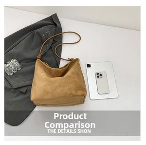 Brown suede tote bag size comparison with iPad showing spacious interior for daily use