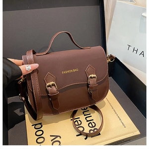 Detail of dark brown leather crossbody bag featuring gold buckles and fashion bag logo