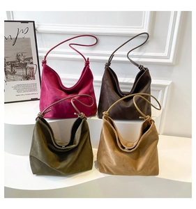 Group shot of large matte suede tote bags in burgundy, coffee, olive, and tan colors