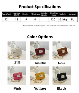 Mini PU chain crossbody bag detail with size parameters and six available color options