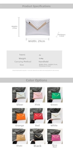 Detailed size specifications and color options for the minimalist quilted PU leather clutch