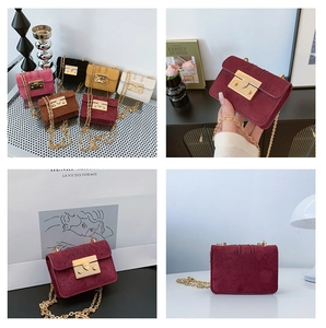 Detailed grid of mini suede crossbody bags with gold buckles in six stylish colors