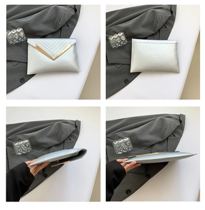 Detailed views of a silver quilted envelope clutch featuring elegant gold metal trim
