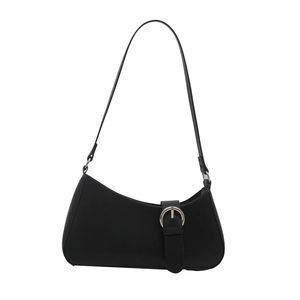 Borsa a spalla baguette nera minimalista con grande fibbia rotonda argentata