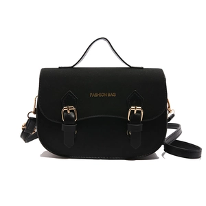 Classic black PU leather saddle bag with gold buckle and top handle for women