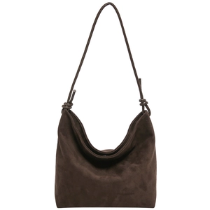 Minimalist large capacity dark brown suede hobo tote bag with knotted shoulder strap