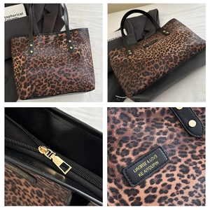 Detailansicht der Leopard-Print Shopper-Tasche mit goldenem Reißverschluss und Leder-Logo