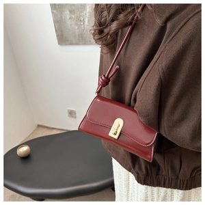 Detail of burgundy leather mini bag with gold buckle and knotted shoulder strap