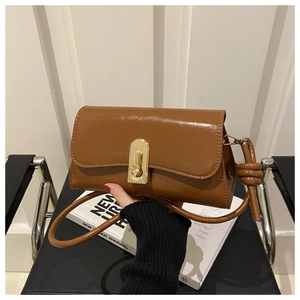 Detail of brown glossy leather crossbody bag with gold buckle and side knot decoration