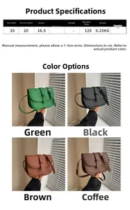 Detailed dimensions of minimalist half-round crossbody bags in green, black, and brown PU leather