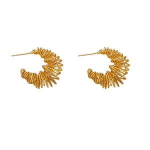 French vintage irregular gold-plated C-shape hoop earrings with wire-wrapped texture