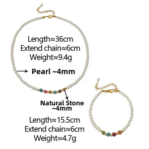 Detail view of pearl and multi-color natural stone necklace and bracelet set with dimensions