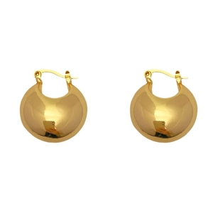 Polished gold geometric dome earrings with secure lever-back closure on white background