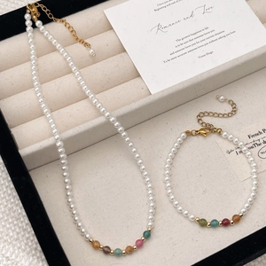 Handmade Artificial Pearl And Colorful Natural Stone Beaded Necklace And Bracelet Elegant Gold Plated Jewelry For Women