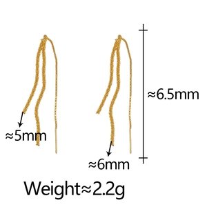 Detail view of long gold tassel earrings with precise weight and size measurements