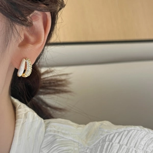 French vintage double layer gold earrings with white enamel and shimmering zircons