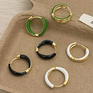 French Vintage Enamel Hoop Earrings For Women 18K Gold Plated Copper Geometric Retro Jewelry With 925 Sterling Silver Earring Post