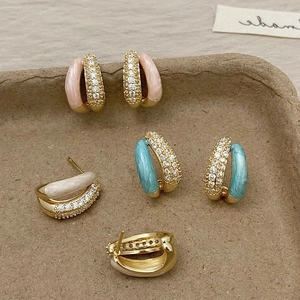 French vintage double-layered C-shaped gold earrings with zircon and enamel detail