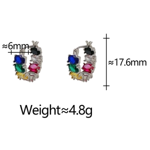 Detail view of multicolored zircon hoop earrings with dimensions 6mm width and 17.6mm height