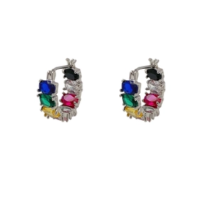 Hoop earrings with rainbow oval-cut zircon stones in silver finish for women