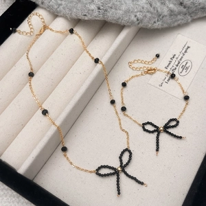 Collana E Bracciale Con Fiocco In Stile Vintage Francese Da Donna Catena In Rame Dorato Con Perline Di Cristallo Nero Fatto A Mano