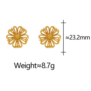 Detail view showing golden hollow flower earrings with 23.2mm size and 8.7g weight