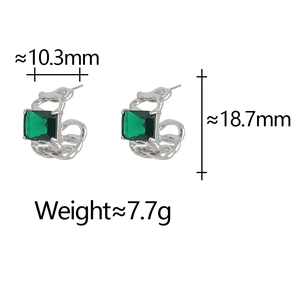 Detail view of green square zircon earrings with size specs 18.7mm height and 10.3mm width