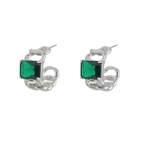 Elegant silver C-shaped earrings with rectangular green zircon in a chain-link design