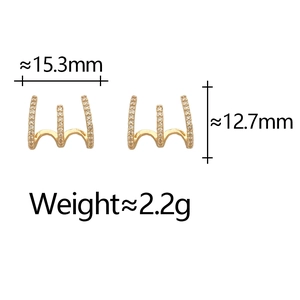 French retro gold stud earrings with three-row cubic zirconia inlay for elegant women