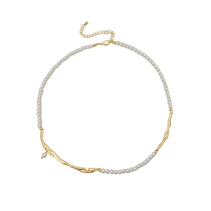 French retro style necklace with white pearls and gold organic branch metal links