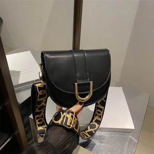 Women Saddle Crossbody Bag PU Leather Fashionable Semi Circle Gold Buckle Wide Jacquard Strap Trendy Retro Shoulder Bag