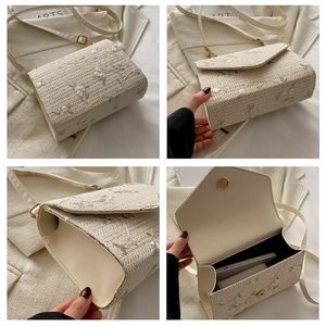Detailed views of beige woven crossbody bag with pink floral embroidery and magnetic clasp