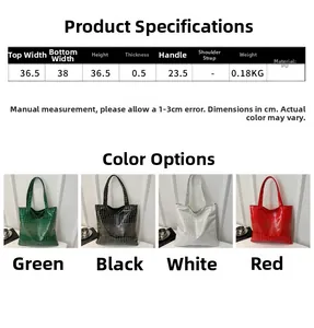 Size chart showing large crocodile pattern tote bag dimensions and four available colors