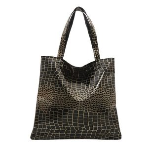 Large capacity black faux crocodile skin tote bag with gold textured finish for women