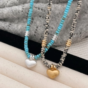 Vintage Natural Stone Beaded Heart Pendant Necklace Handmade Matte Metallic Jewelry With Extension Chain For Women