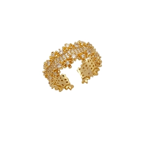 Macro shot of gold-plated ring with micro-paved zircons and intricate grid cutout details