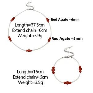 Macro detail of red agate bead necklace and bracelet set with size specifications