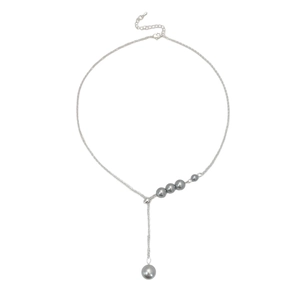 Elegant silver Y-shaped necklace featuring five lustrous grey pearls on a delicate chain