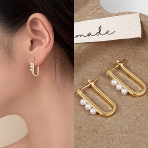 U-Shaped Artificial Pearl Earrings Geometric Copper Hoops With 925 Sterling Silver Earring Post Elegant French Niche Style For Women