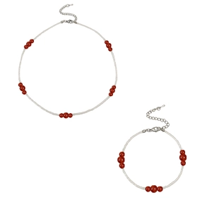 Minimalist red stone and white bead necklace and bracelet set with silver lobster clasp