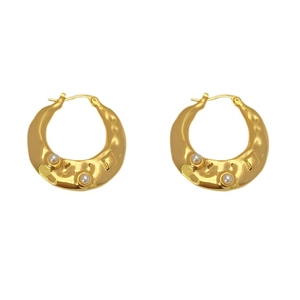 French retro chunky gold crescent hoop earrings with pearl accents and hammered texture