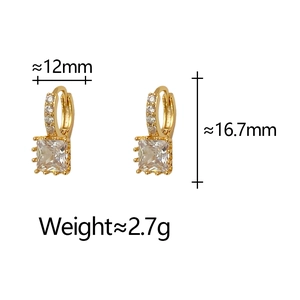 Detail view of gold cubic zirconia earrings with dimensions 16.7mm height and 12mm width