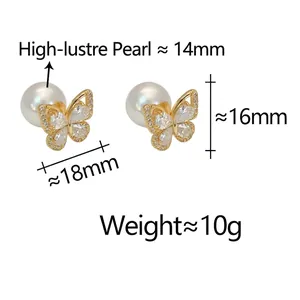 Boucles d'oreilles papillon élégantes avec zircon micro-pavé et perle de 14mm en or