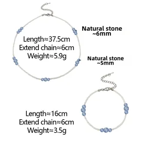 Detail of beaded necklace set with 5mm natural blue stones and silver lobster clasp
