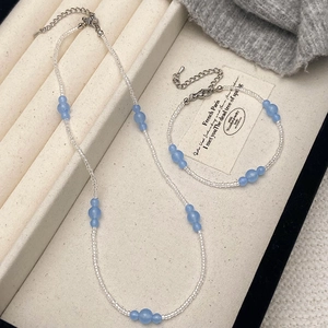 Natural Stone Beaded Necklace Bracelet Blue Transparent Beads Clavicle Chain French Retro Style For Women Jewelry