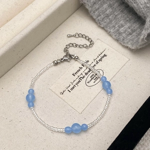 Minimalist light blue natural stone beaded necklace with adjustable silver lobster clasp chain