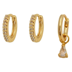Three-piece gold asymmetrical earrings set with micro-pave stones and pear-shaped drop charms