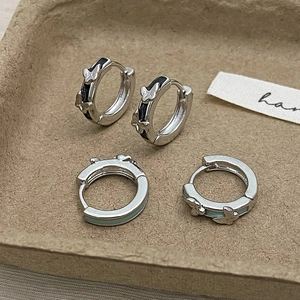 Elegant silver butterfly hoop earrings in black and mint green enamel finish